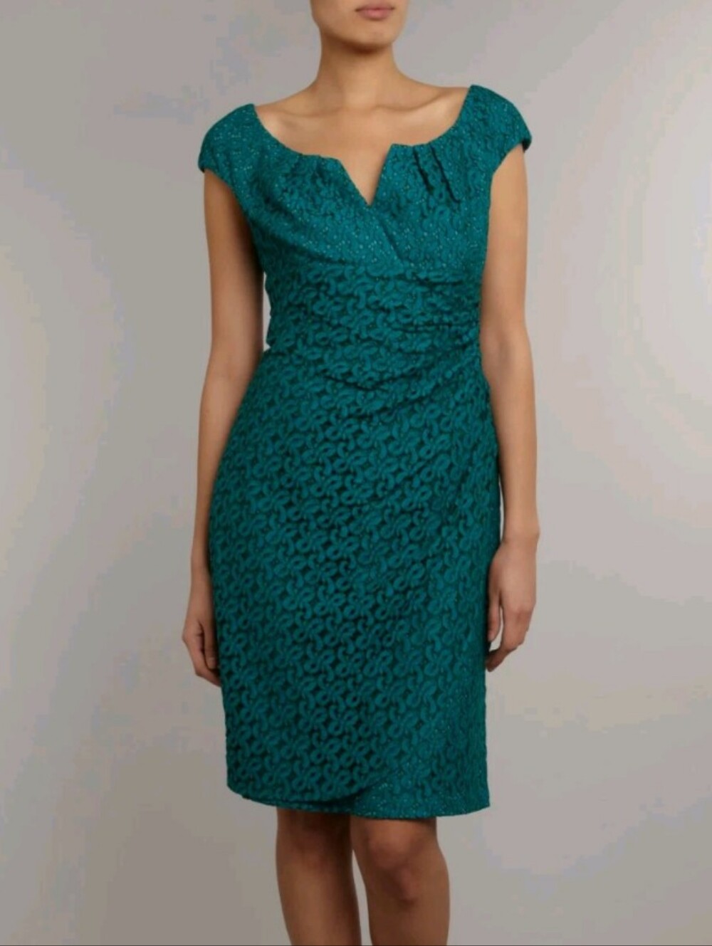 Adrianna Papell Teal Lace Sheath Dress Cap Sleeve Ruched Split Neck Lined 16